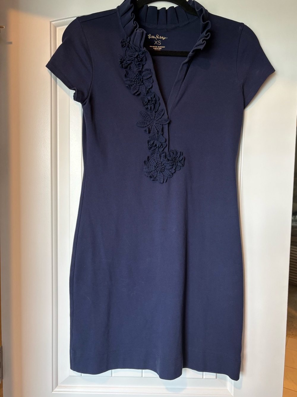 Lilly Pulitzer Navy Ruffle Neck Polo Dress with Floral Appliqué, Short Sleeve XS